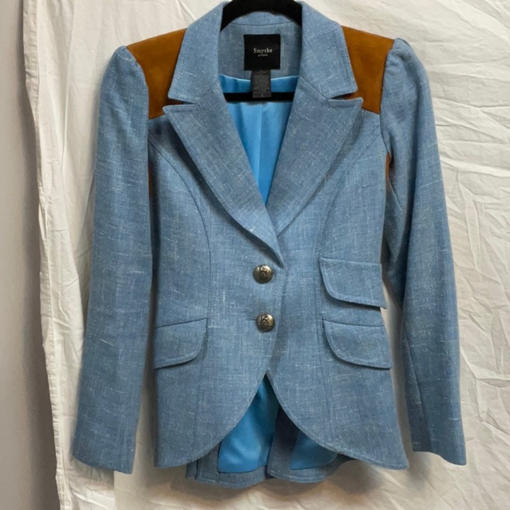Smythe light blue blazer jacket with suede patches size 2